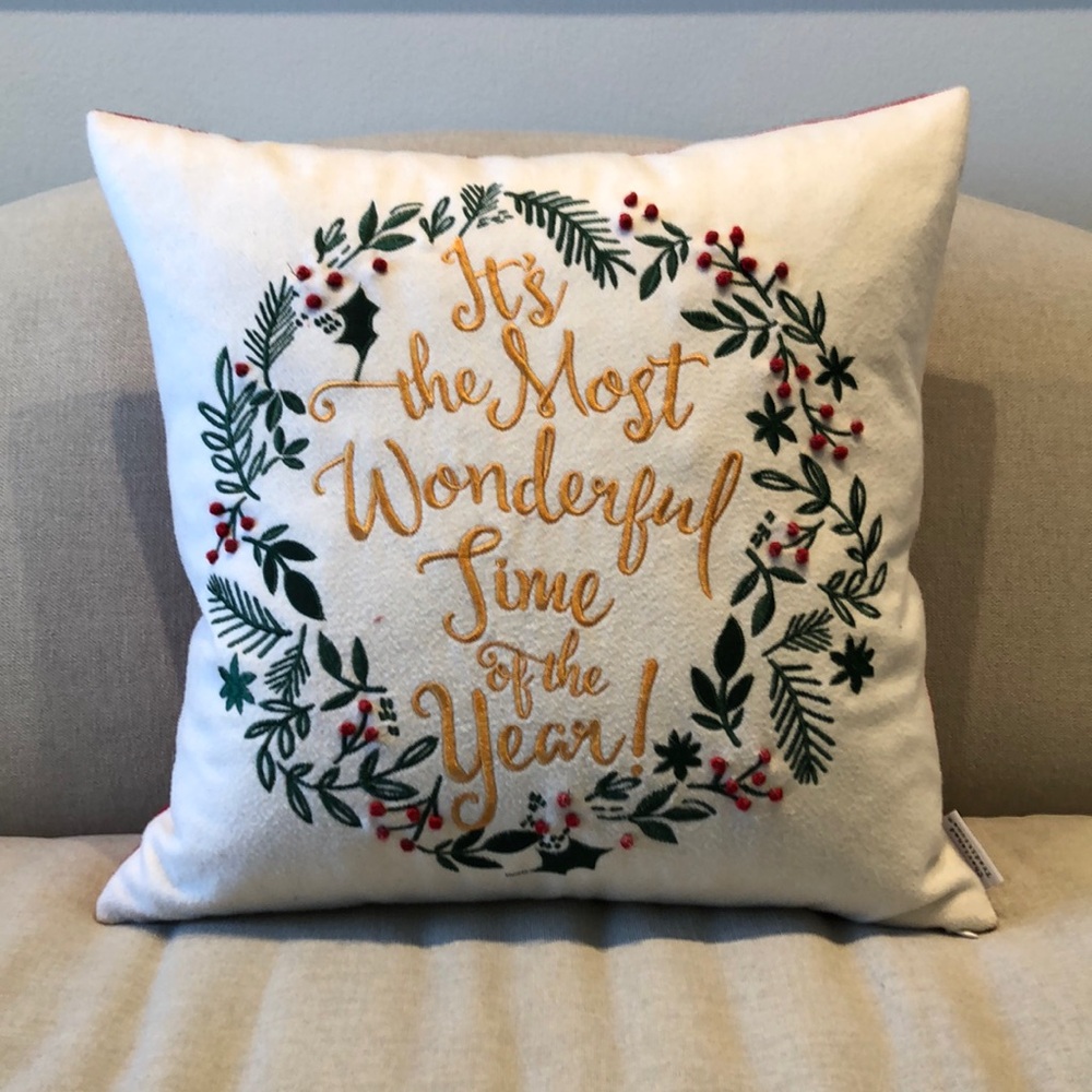 Red and Green Felt Embroidered Square Holiday Pillow Cover